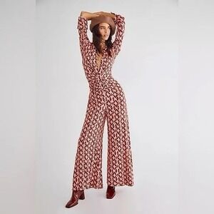 Free People Shayla Ruched Print Jumpsuit Large Pink Brown Wide Leg Long Sleeve